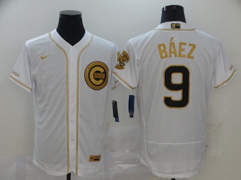 Men Chicago Cubs 9 Baez White Retro gold character Nike MLB Jerseys